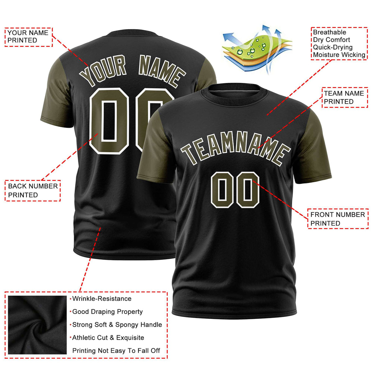 Custom Black Olive White Crew Neck Personalized Raglan Sleeve Performance T-shirt