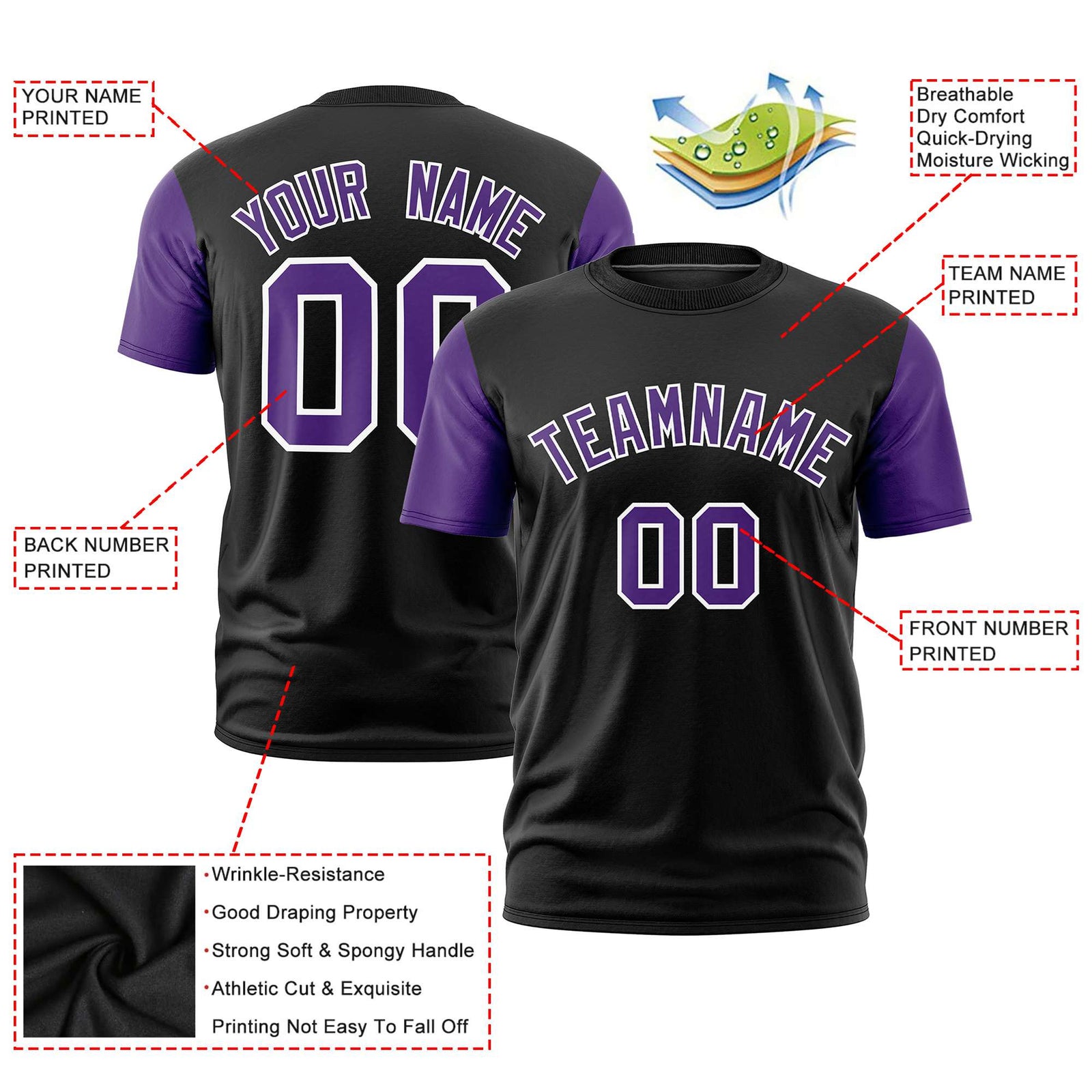 Custom Black Purple White Crew Neck Personalized Raglan Sleeve Performance T-shirt