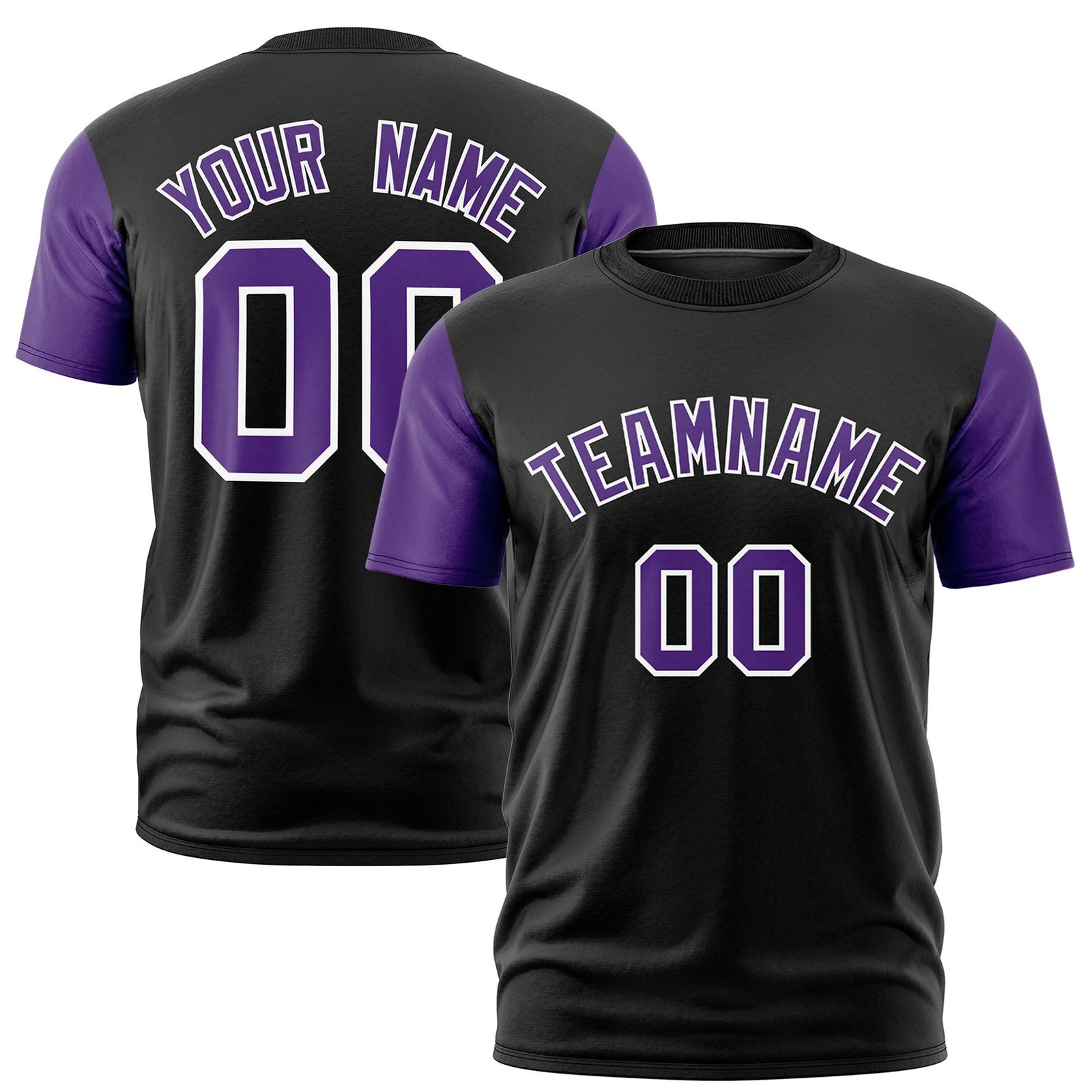 Custom Black Purple White Crew Neck Personalized Raglan Sleeve Performance T-shirt