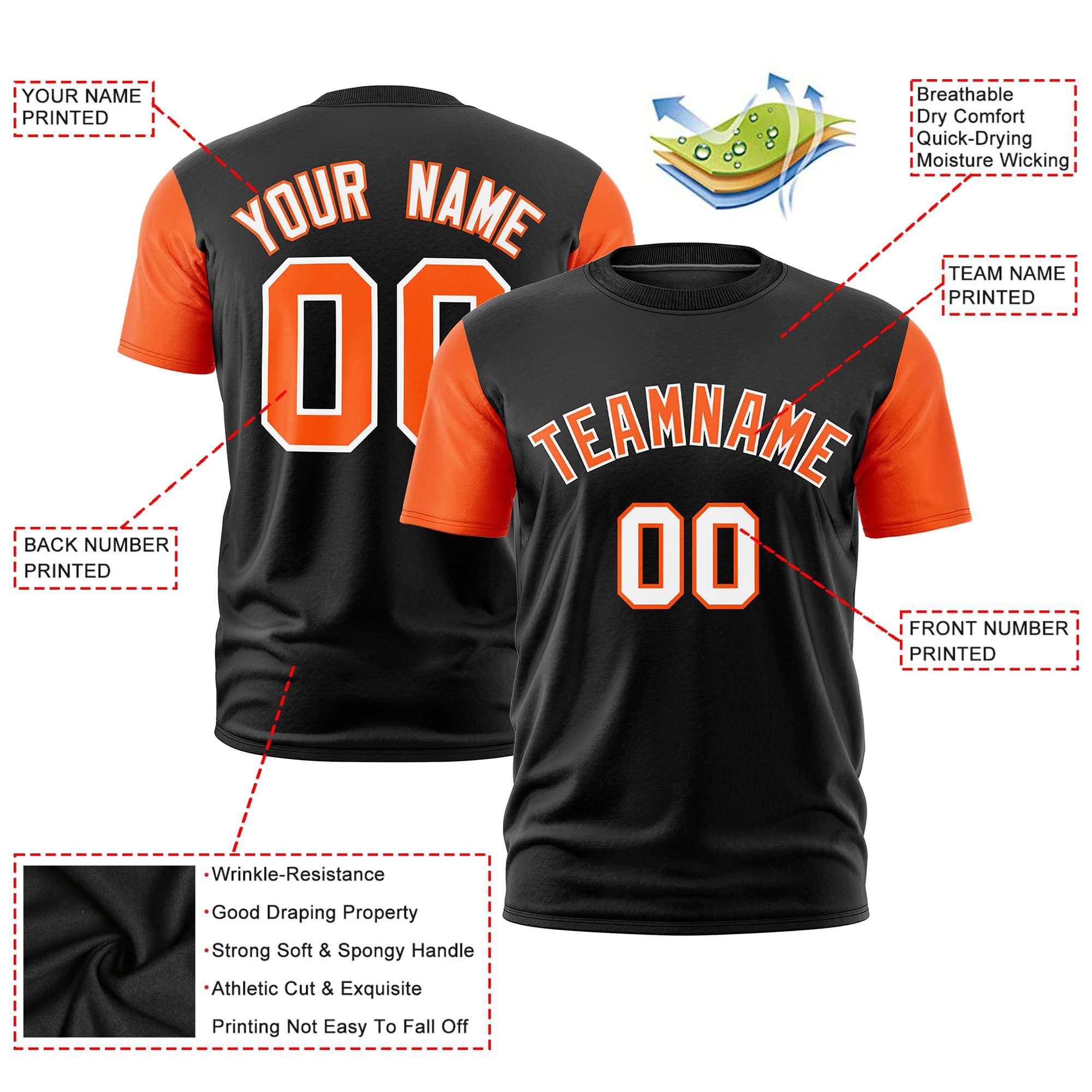 Custom Black Orange White Crew Neck Personalized Raglan Sleeve Performance T-shirt