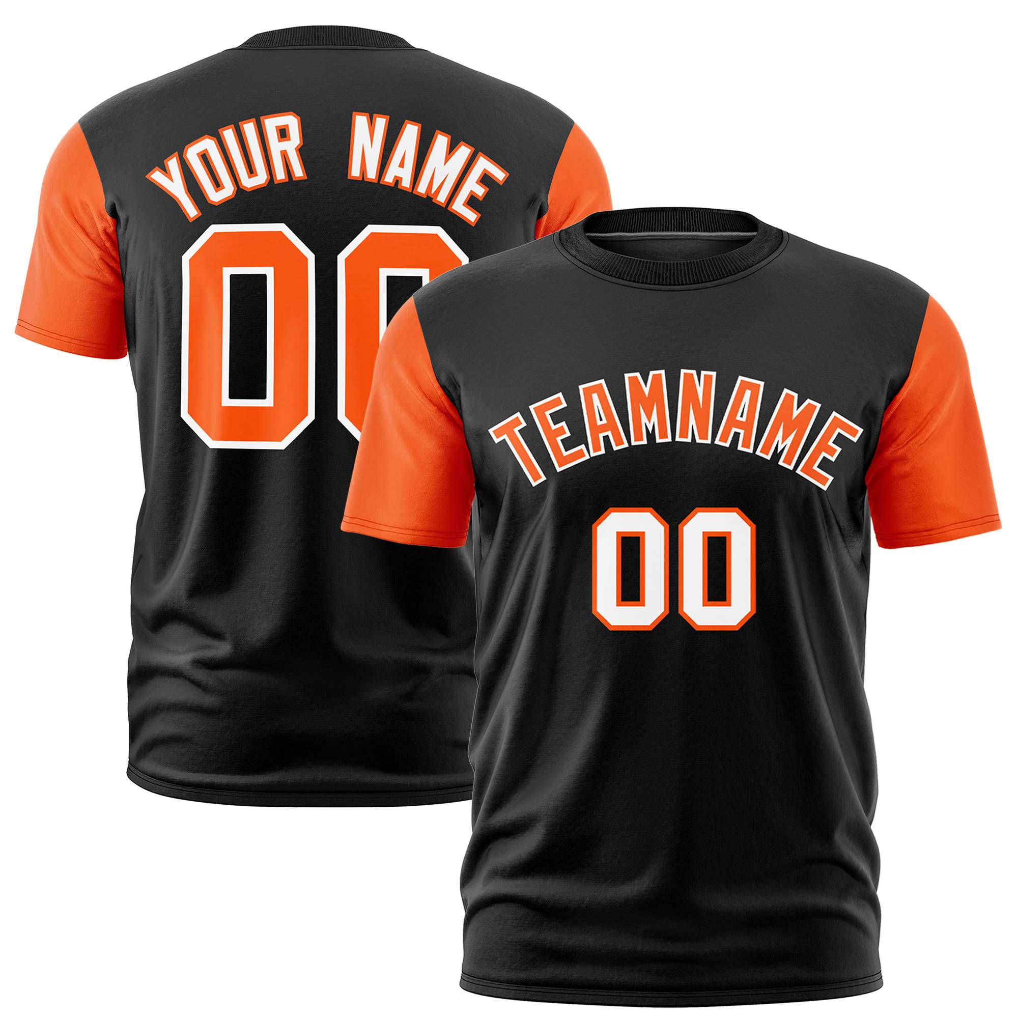 Custom Black Orange White Crew Neck Personalized Raglan Sleeve Performance T-shirt