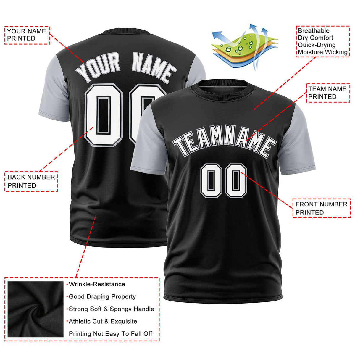 Custom Black Gray White Crew Neck Personalized Raglan Sleeve Performance T-shirt