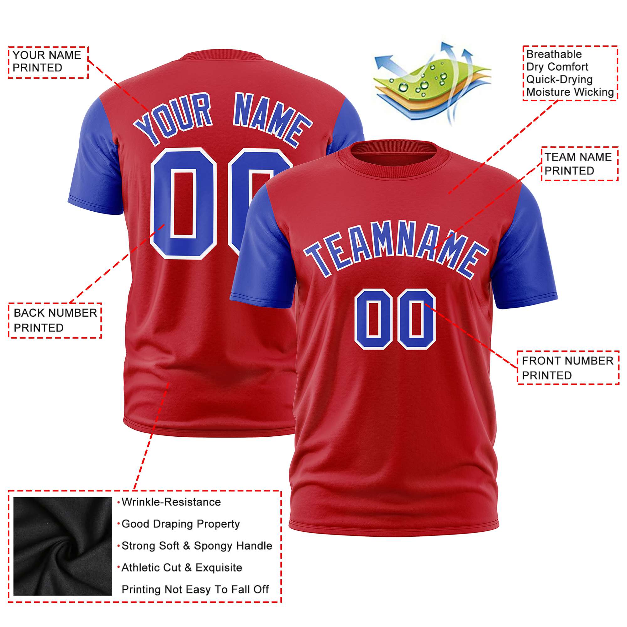 Custom Red Royal Blue White Crew Neck Personalized Raglan Sleeve Performance T-shirt