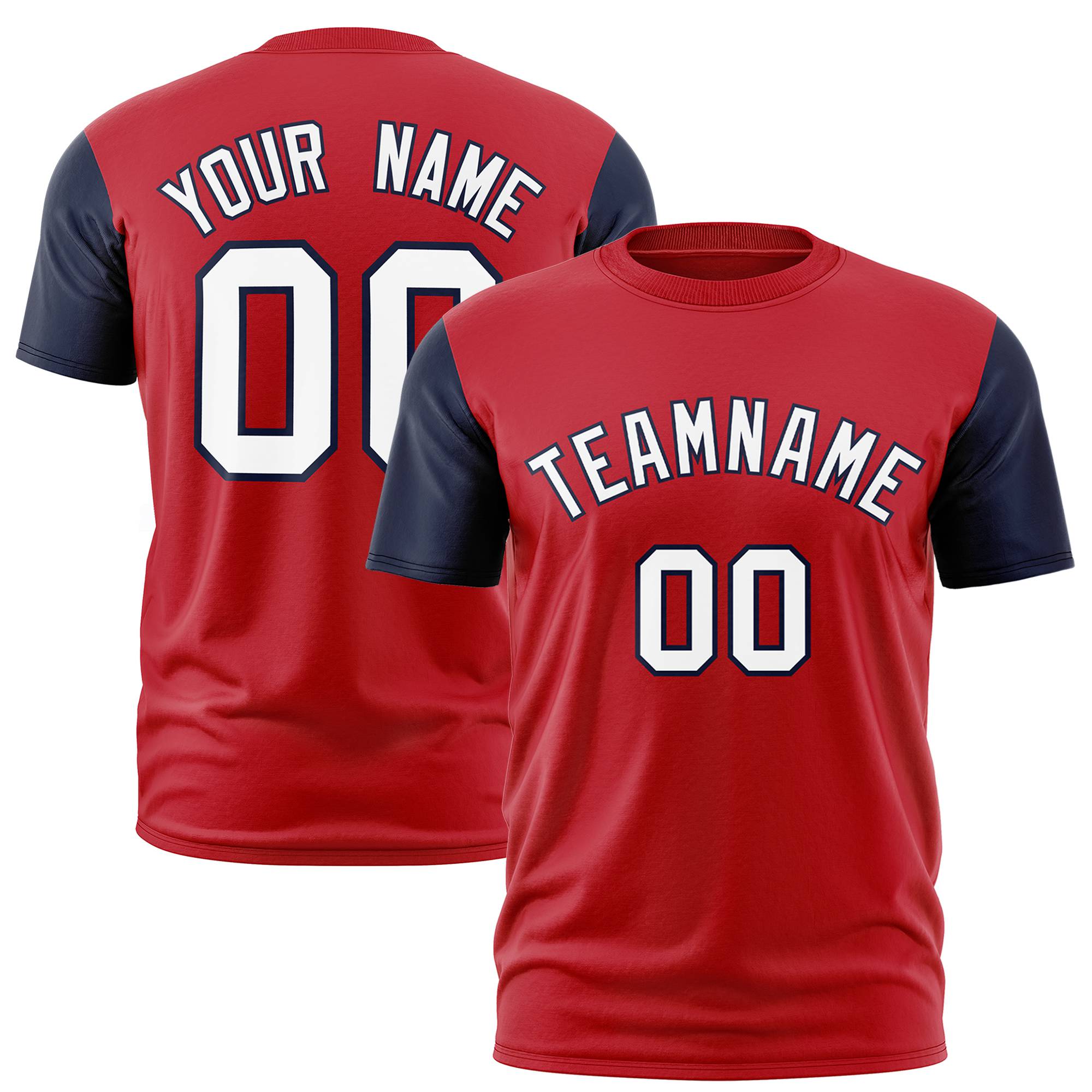 Custom Red Navy White Crew Neck Personalized Raglan Sleeve Performance T-shirt