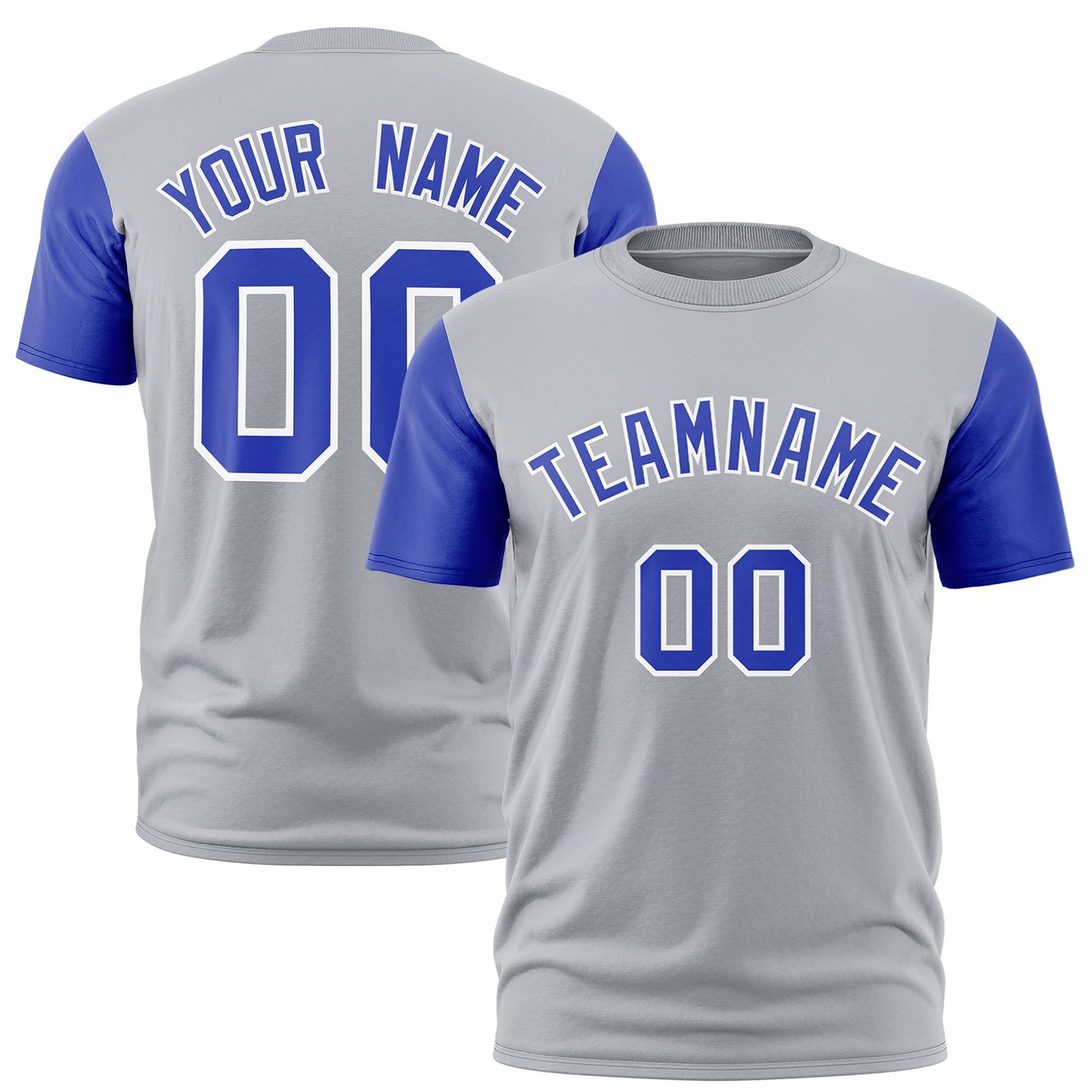 Custom Gray Royal Blue White Crew Neck Personalized Raglan Sleeve Performance T-shirt