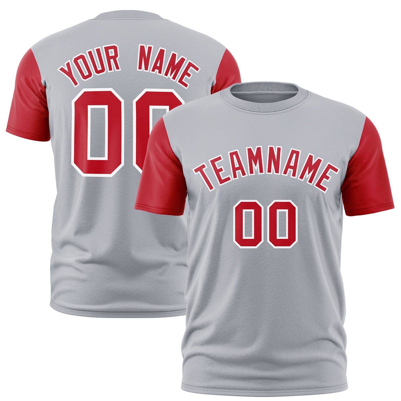 Custom Gray Red White Crew Neck Personalized Raglan Sleeve Performance T-shirt