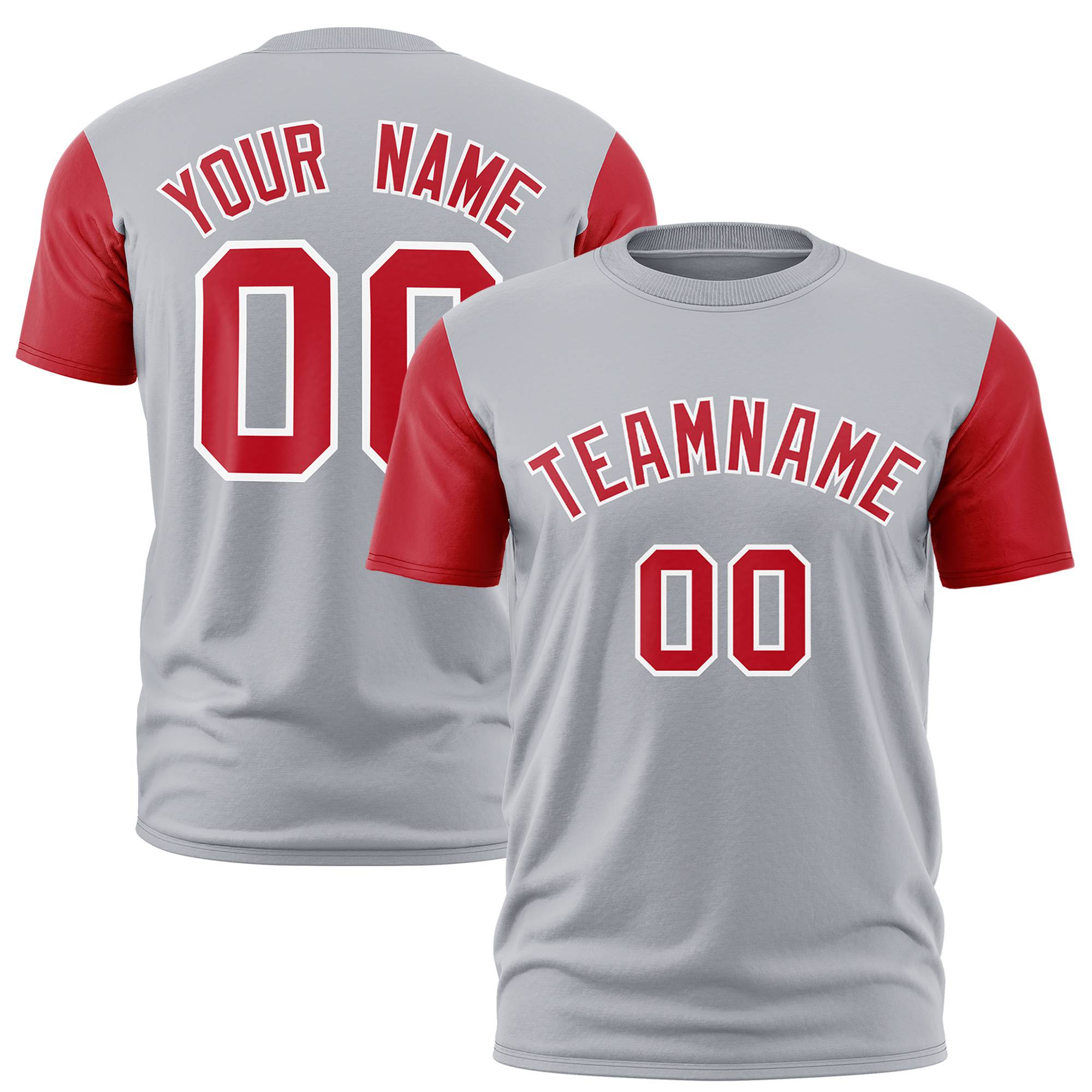 Custom Gray Red White Crew Neck Personalized Raglan Sleeve Performance T-shirt