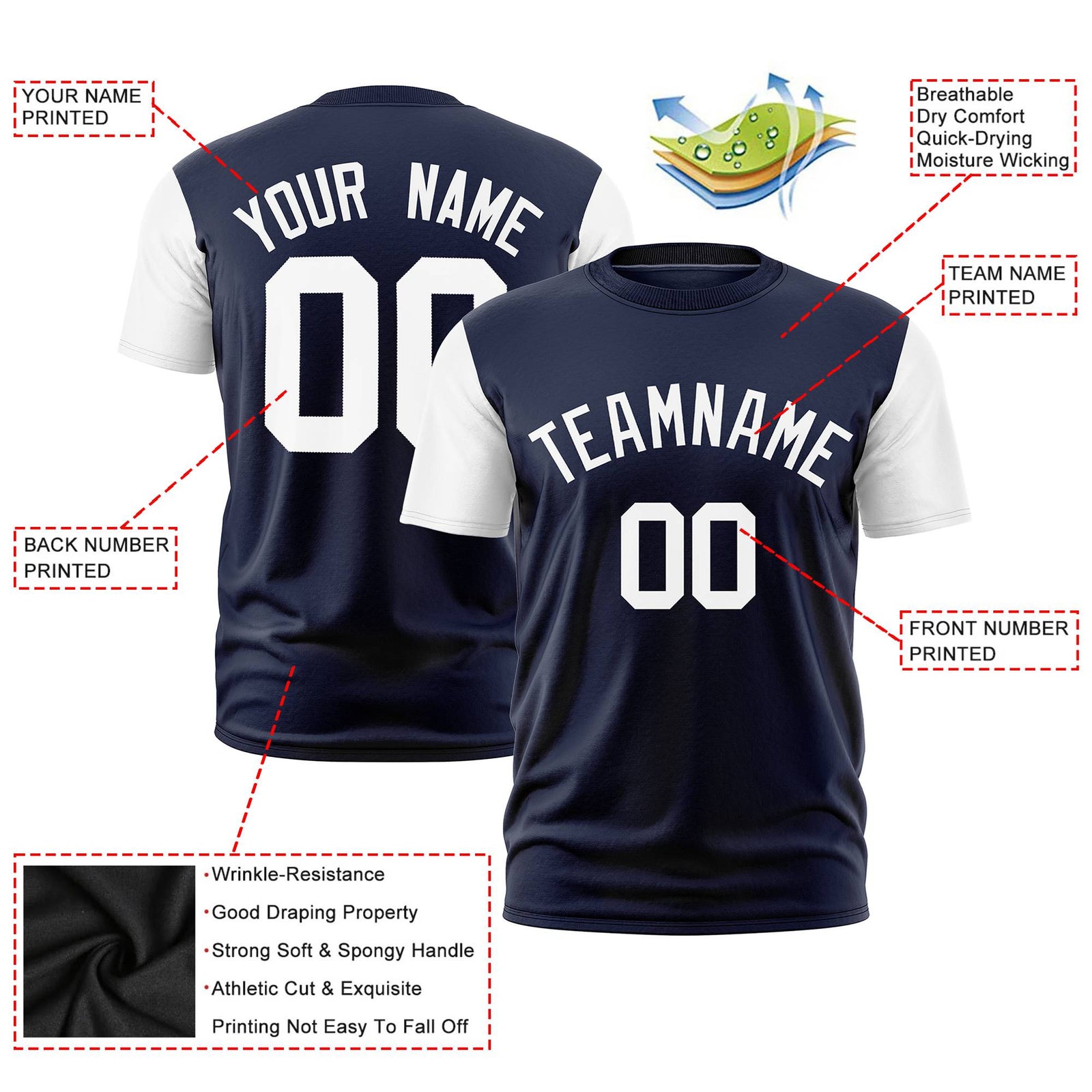 Custom Navy White Crew Neck Personalized Raglan Sleeve Performance T-shirt