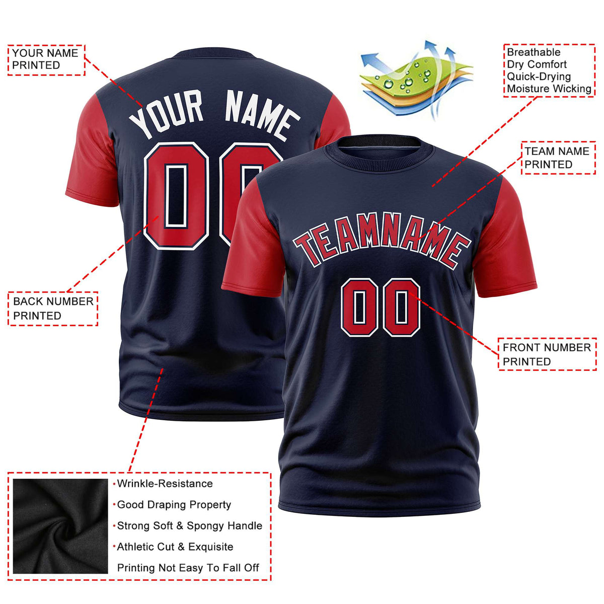 Custom Navy Red White Crew Neck Personalized Raglan Sleeve Performance T-shirt