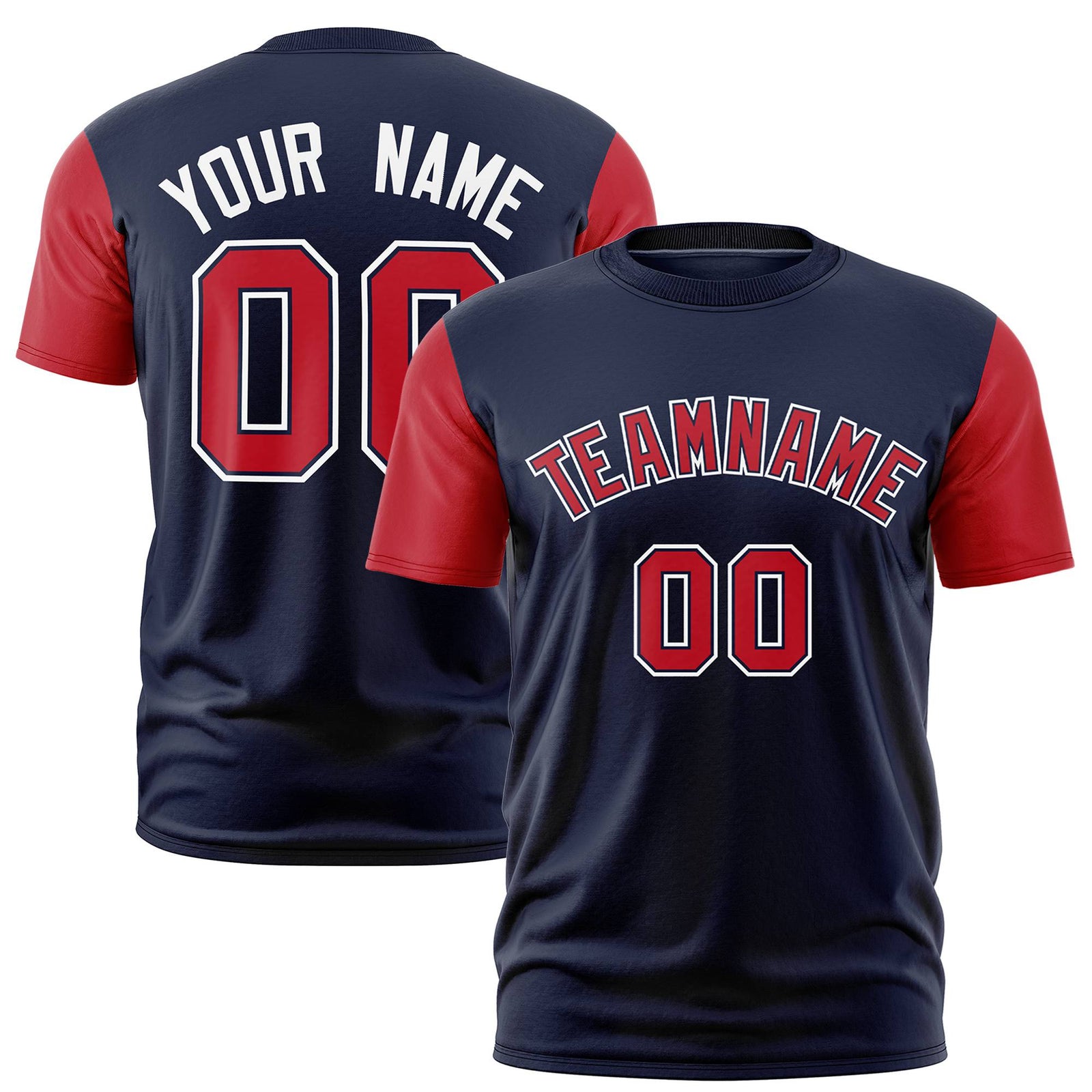 Custom Navy Red White Crew Neck Personalized Raglan Sleeve Performance T-shirt