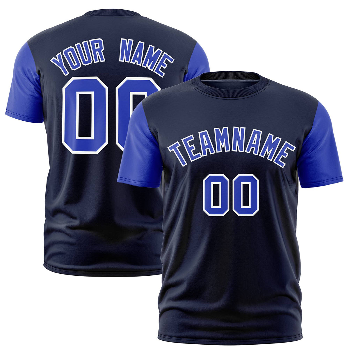 Custom Navy Royal Blue White Crew Neck Personalized Raglan Sleeve Performance T-shirt
