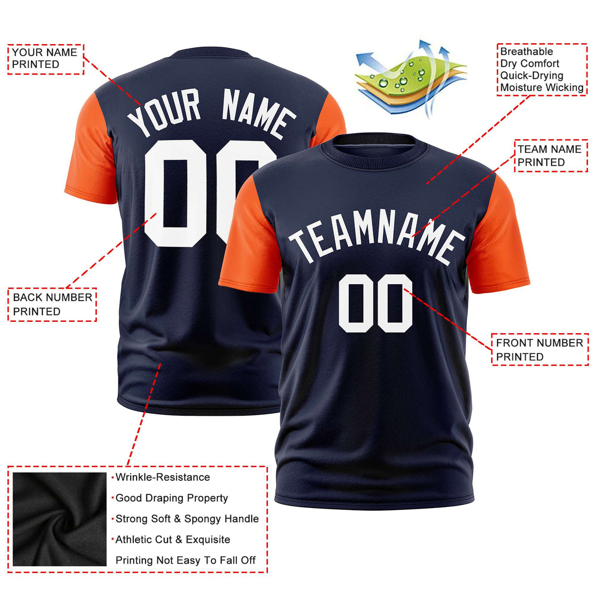 Custom Navy Orange White Crew Neck Personalized Raglan Sleeve Performance T-shirt