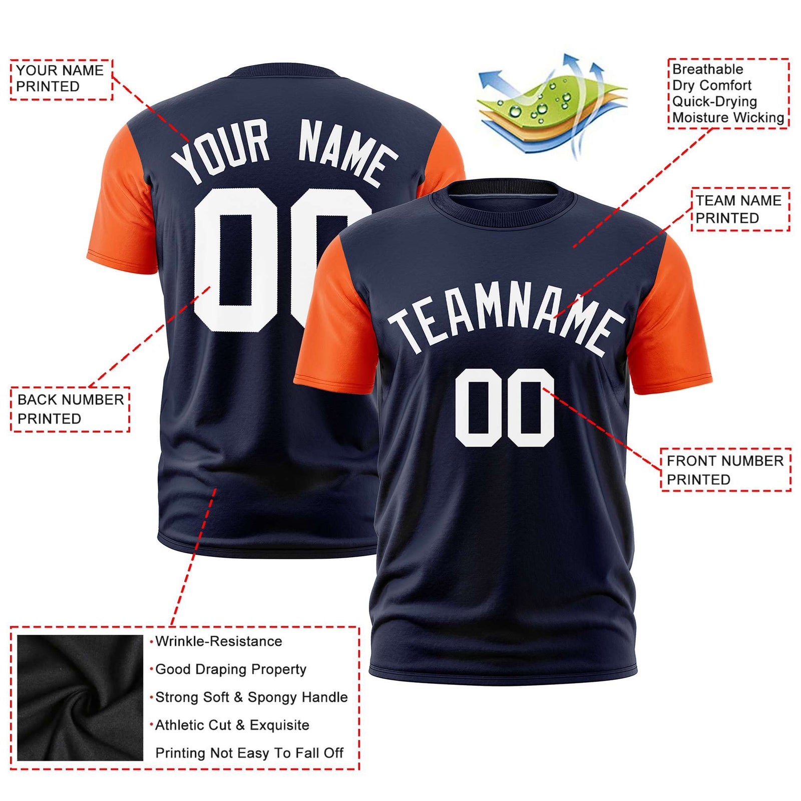 Custom Navy Orange White Crew Neck Personalized Raglan Sleeve Performance T-shirt