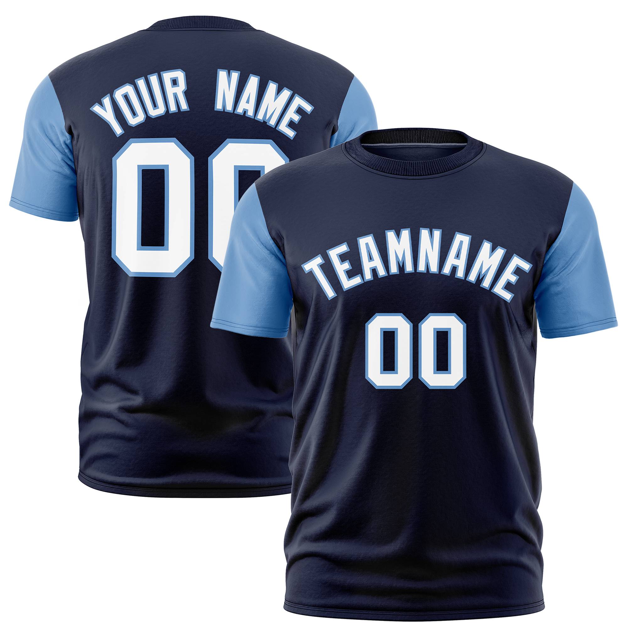 Custom Navy Light Blue White Crew Neck Personalized Raglan Sleeve Performance T-shirt