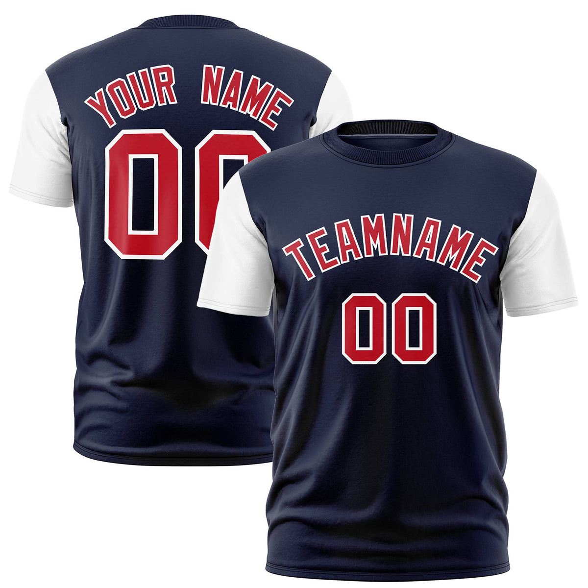 Custom Navy White Red Crew Neck Personalized Raglan Sleeve Performance T-shirt