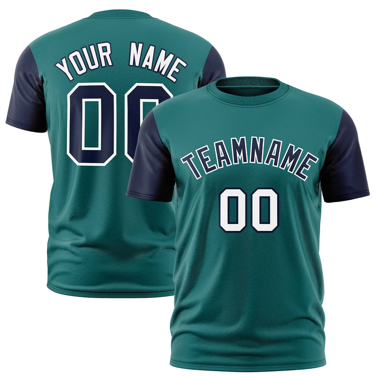 Custom Midnight Green Navy White Crew Neck Personalized Raglan Sleeve Performance T-shirt
