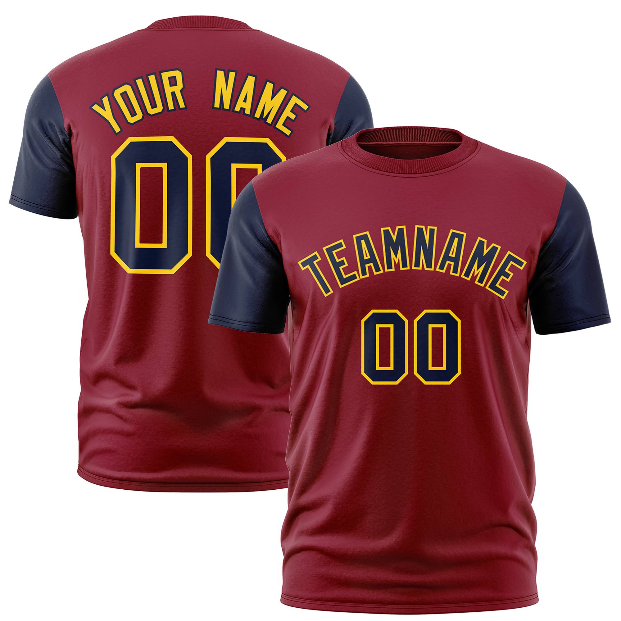 Custom Crimson Navy Gold White Crew Neck Personalized Raglan Sleeve Performance T-shirt