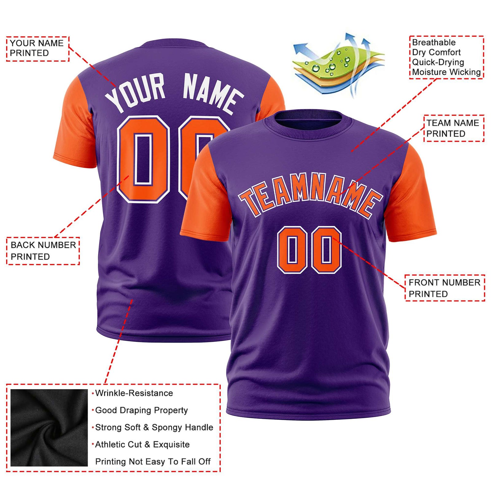 Custom Purple Orange White White Crew Neck Personalized Raglan Sleeve Performance T-shirt