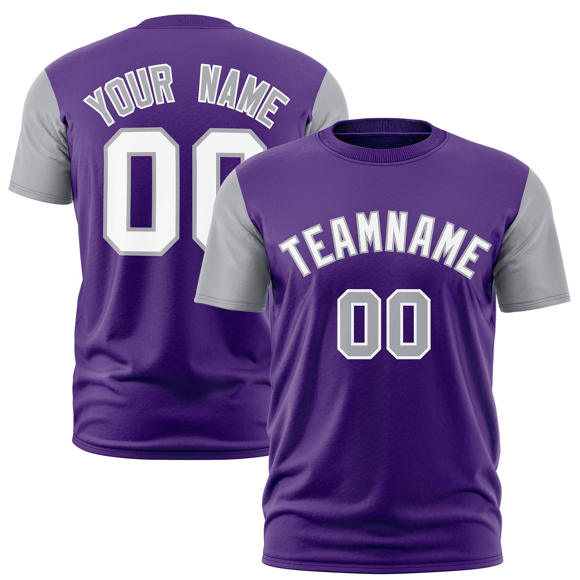 Custom Purple Gray White Crew Neck Personalized Raglan Sleeve Performance T-shirt
