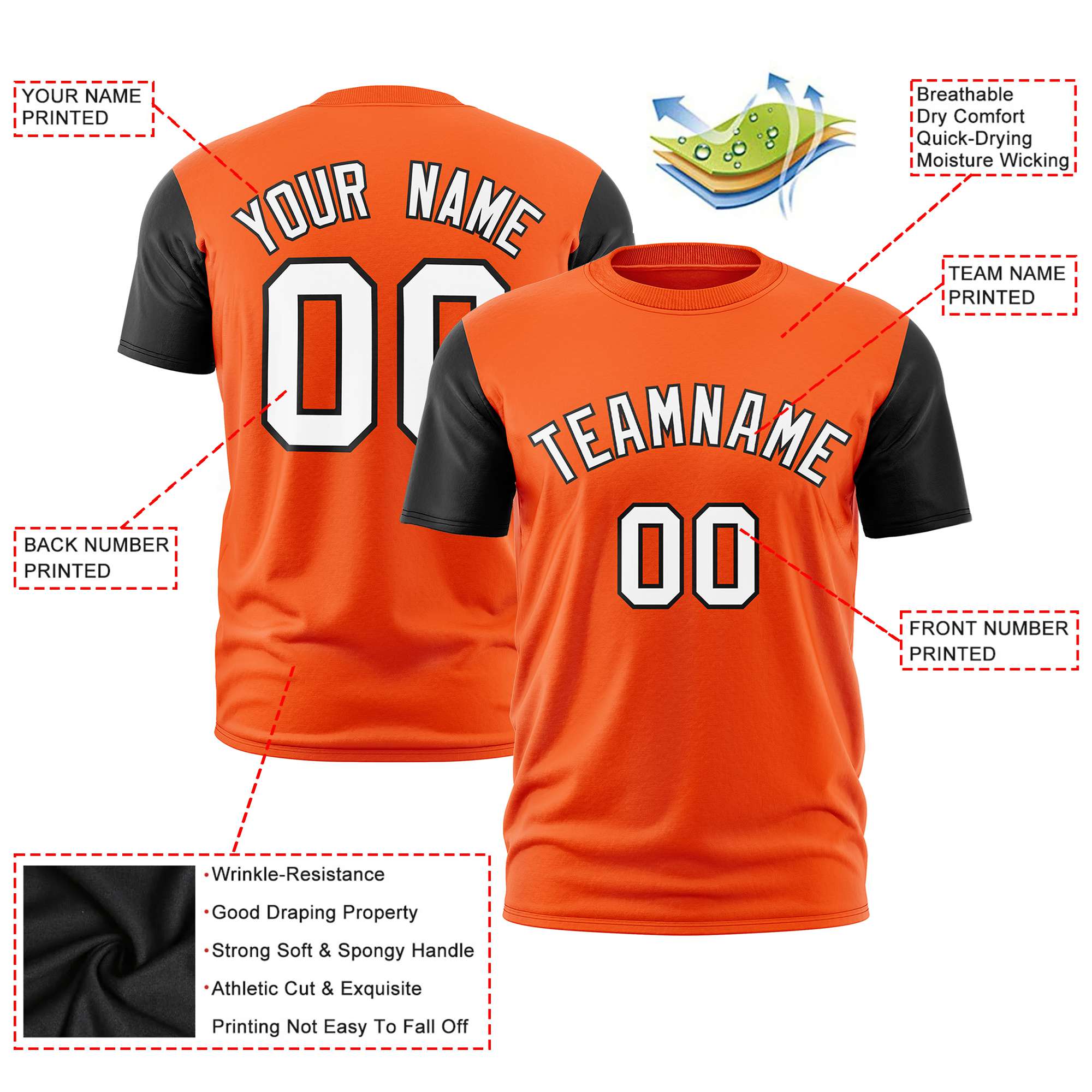 Custom Orange Black White Crew Neck Personalized Raglan Sleeve Performance T-shirt