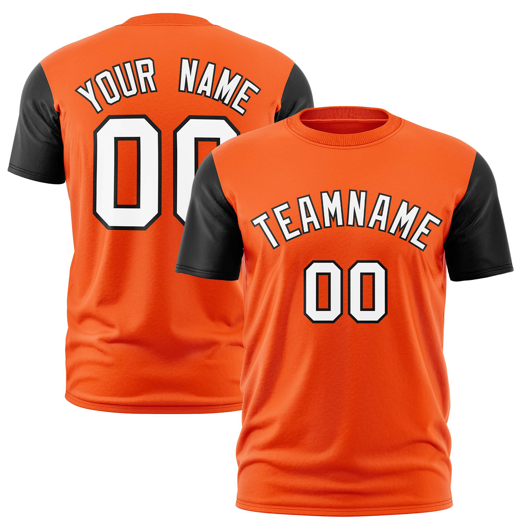 Custom Orange Black White Crew Neck Personalized Raglan Sleeve Performance T-shirt