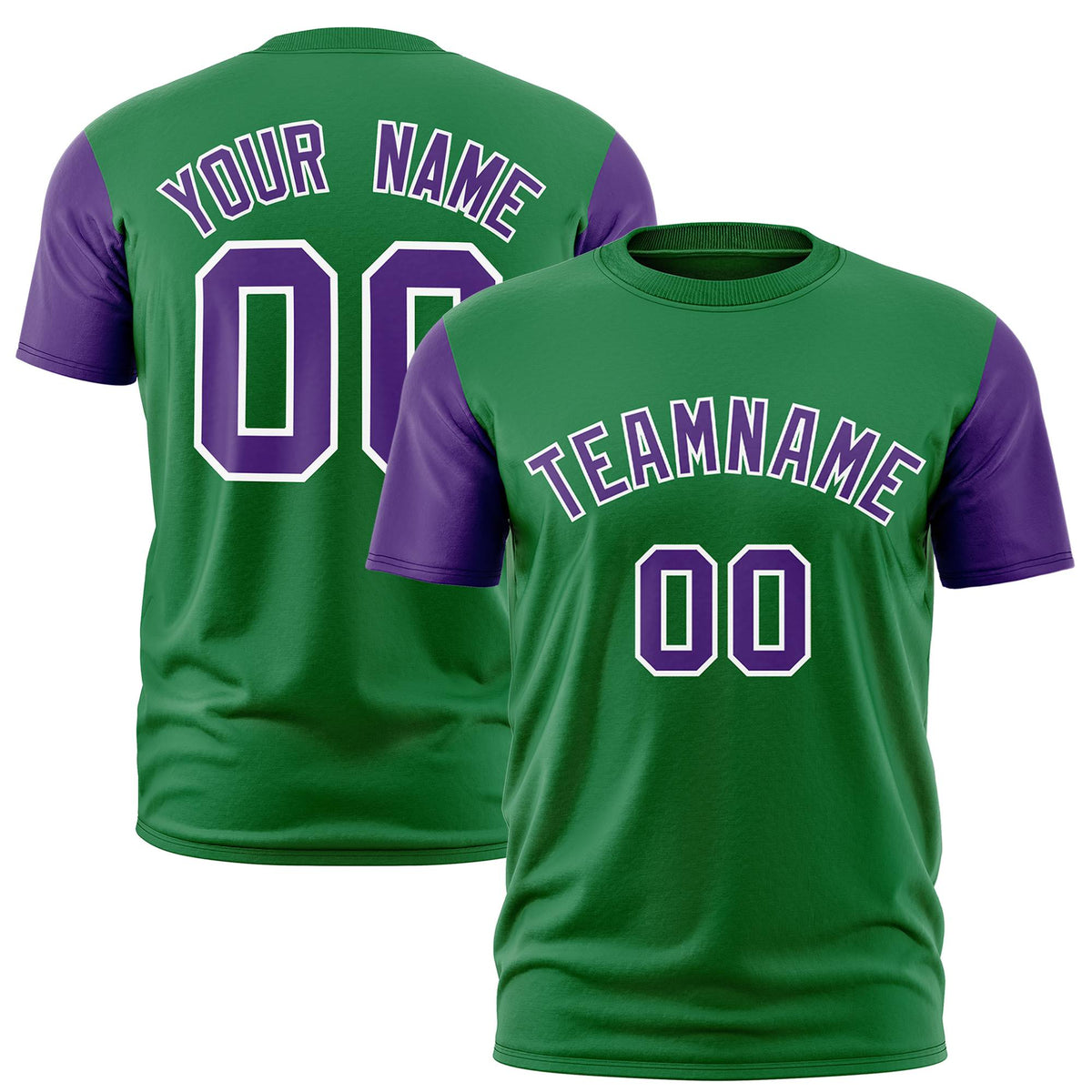 Custom Kelly Green Purple White Crew Neck Personalized Raglan Sleeve Performance T-shirt