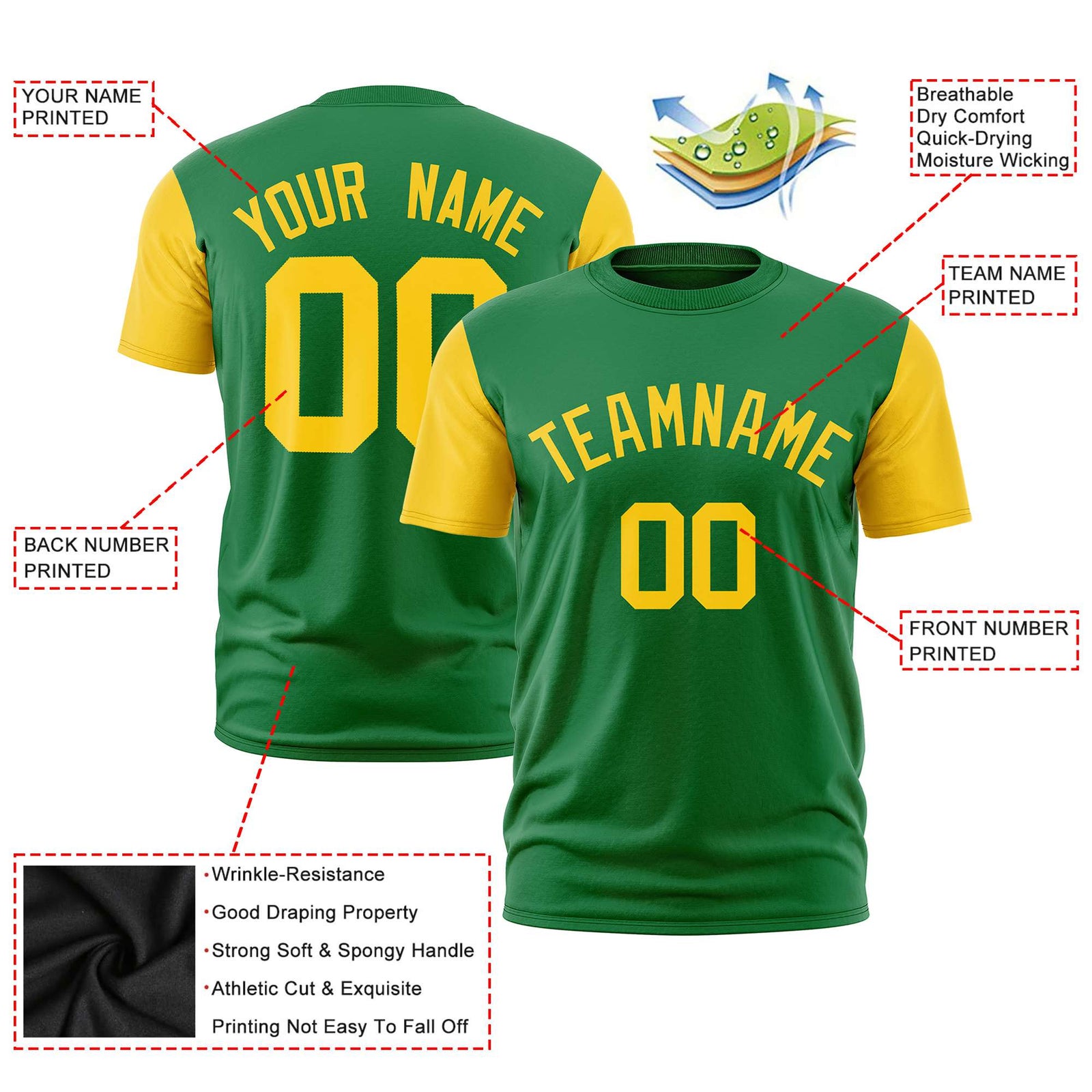 Custom Kelly Green Gold01 Crew Neck Personalized Raglan Sleeve Performance T-shirt