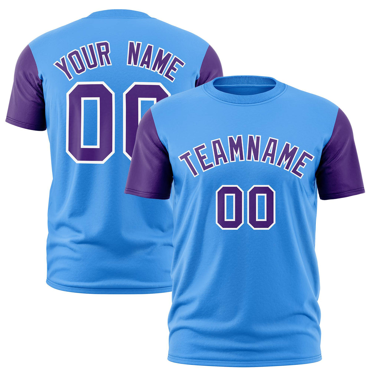 Custom Powder Blue Purple White Crew Neck Personalized Raglan Sleeve Performance T-shirt