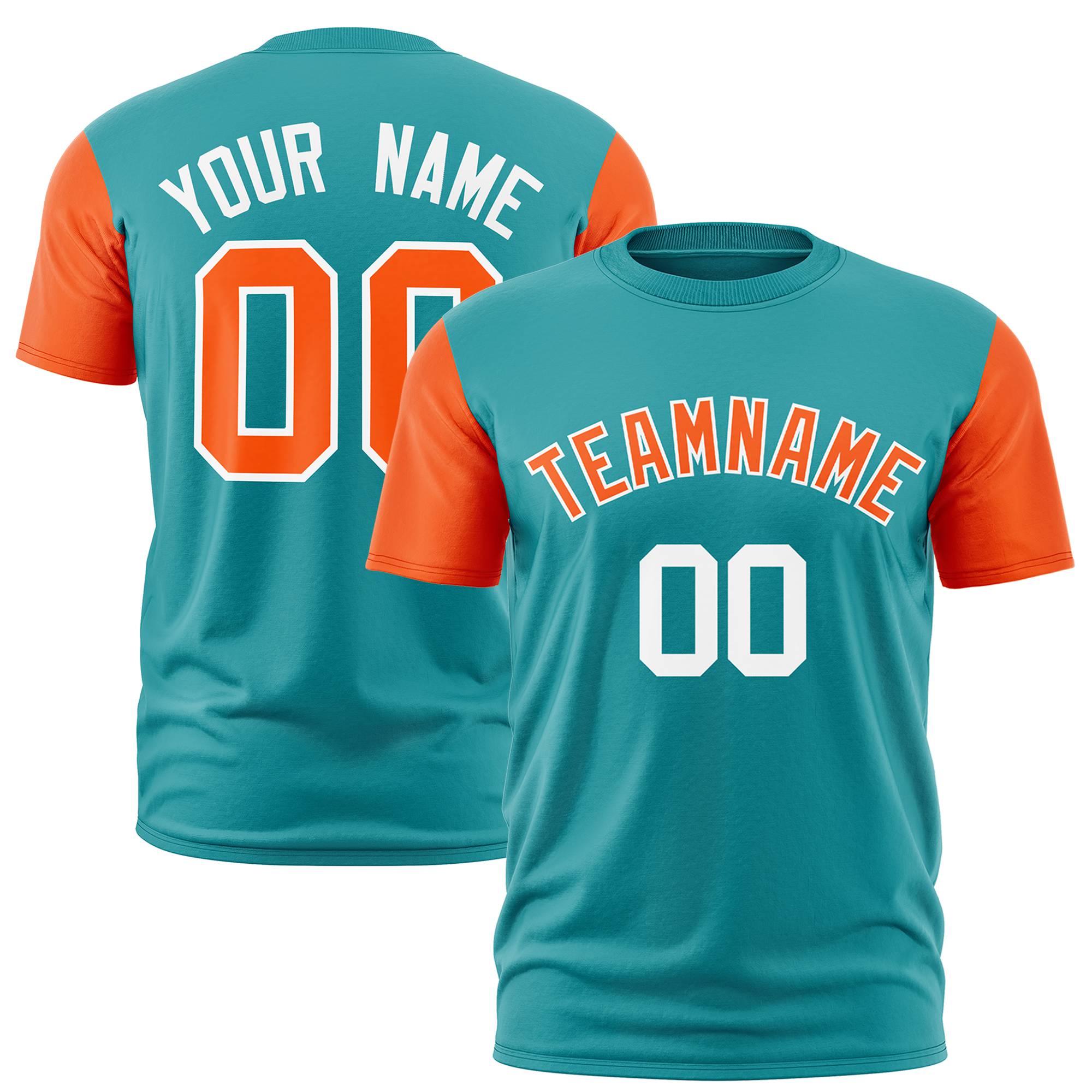 Custom Aqua Orange White Crew Neck Personalized Raglan Sleeve Performance T-shirt