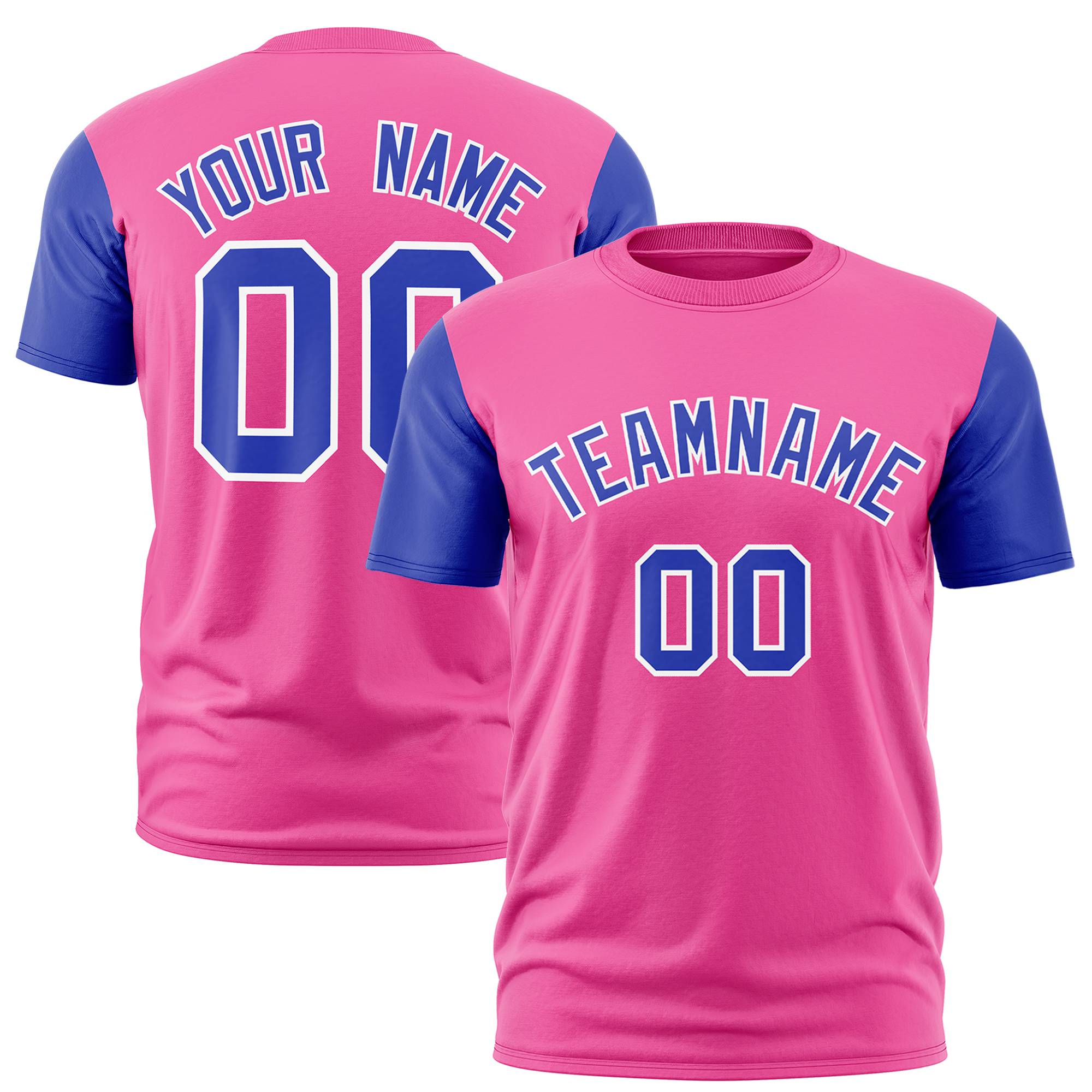 Custom Pink Royal Blue White Crew Neck Personalized Raglan Sleeve Performance T-shirt