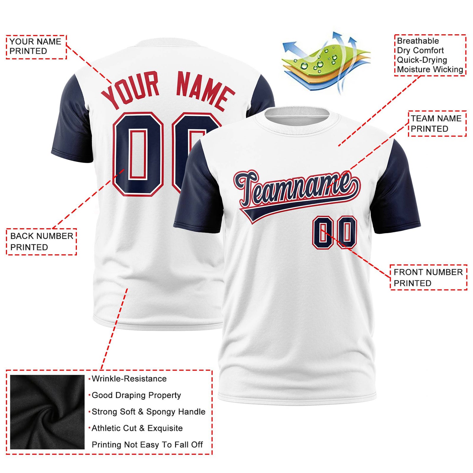 Custom White Navy Red Crew Neck Personalized Raglan Sleeve Performance T-shirt