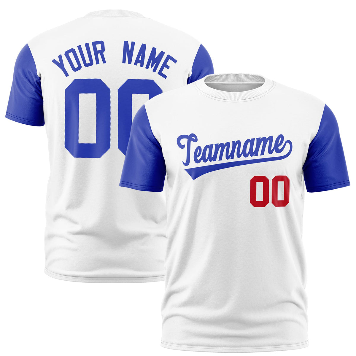 Custom White Royal Blue Red Crew Neck Personalized Raglan Sleeve Performance T-shirt
