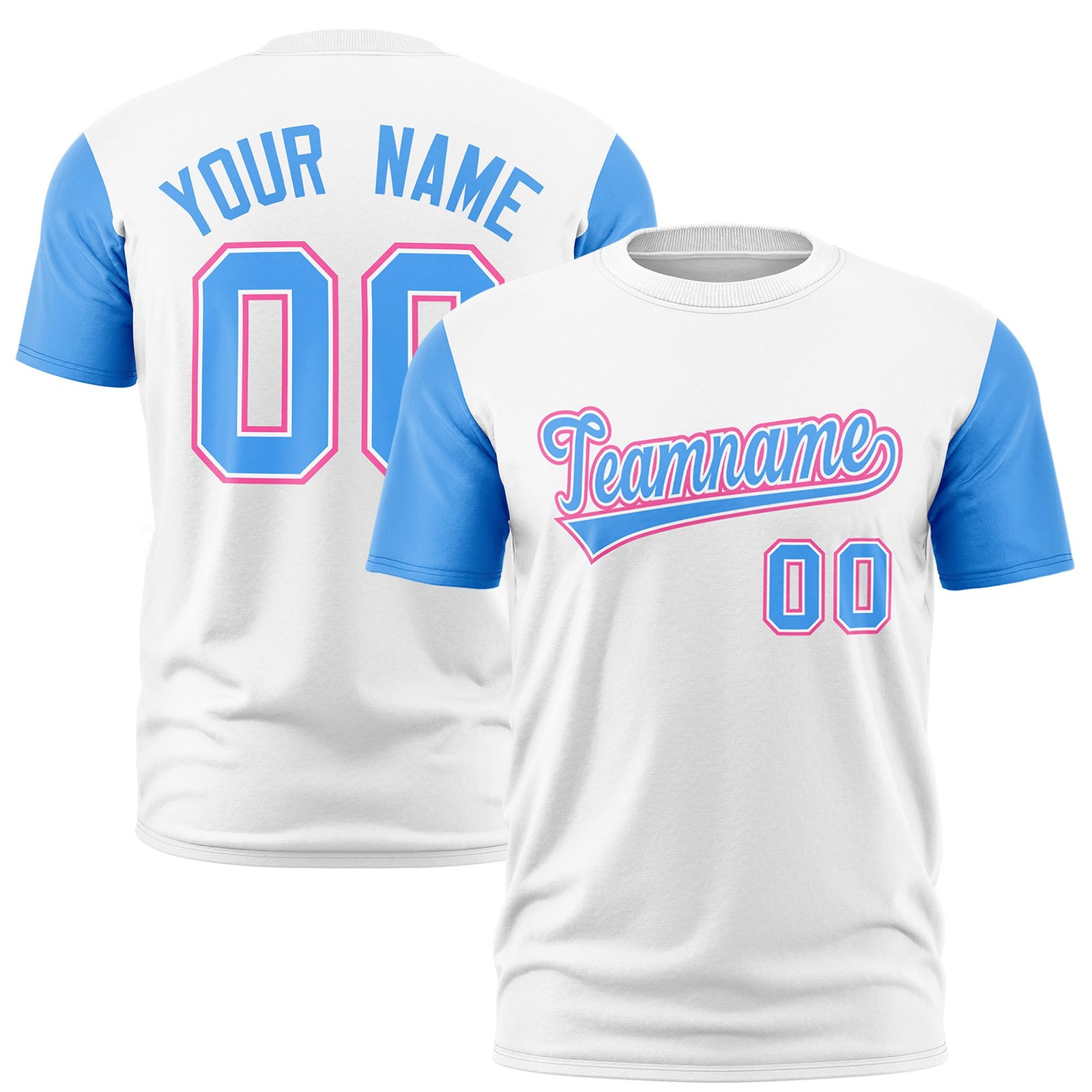 Custom White Powder Blue Pink Crew Neck Personalized Raglan Sleeve Performance T-shirt