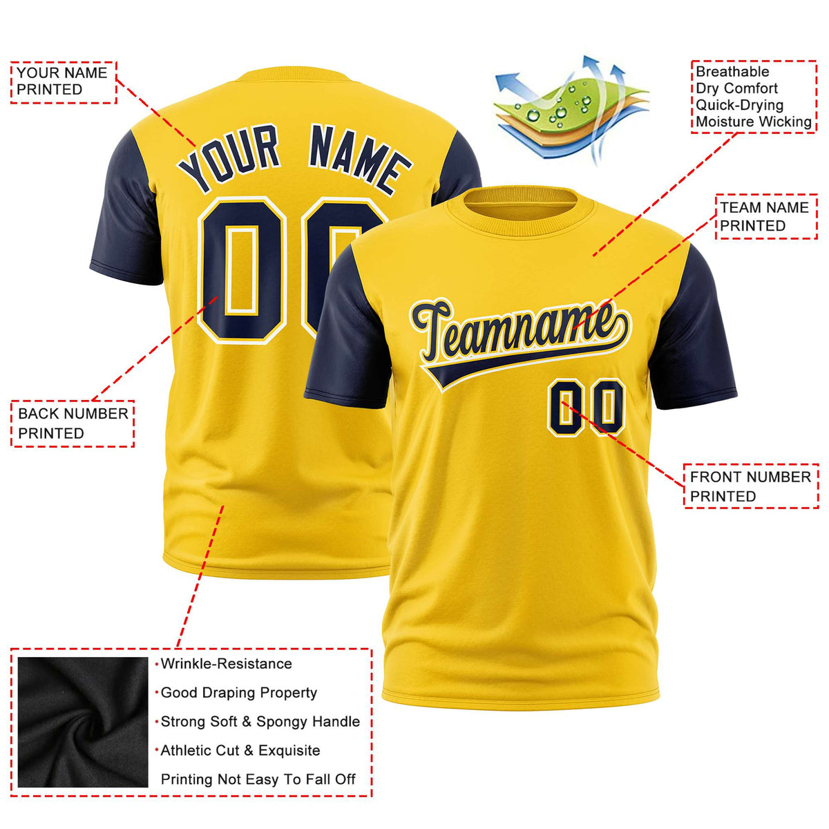 Custom Yellow Navy White Crew Neck Personalized Raglan Sleeve Performance T-shirt
