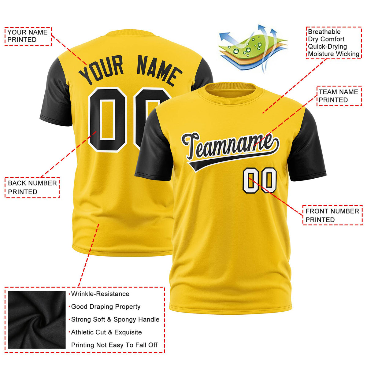 Custom Yellow Black White Crew Neck Personalized Raglan Sleeve Performance T-shirt