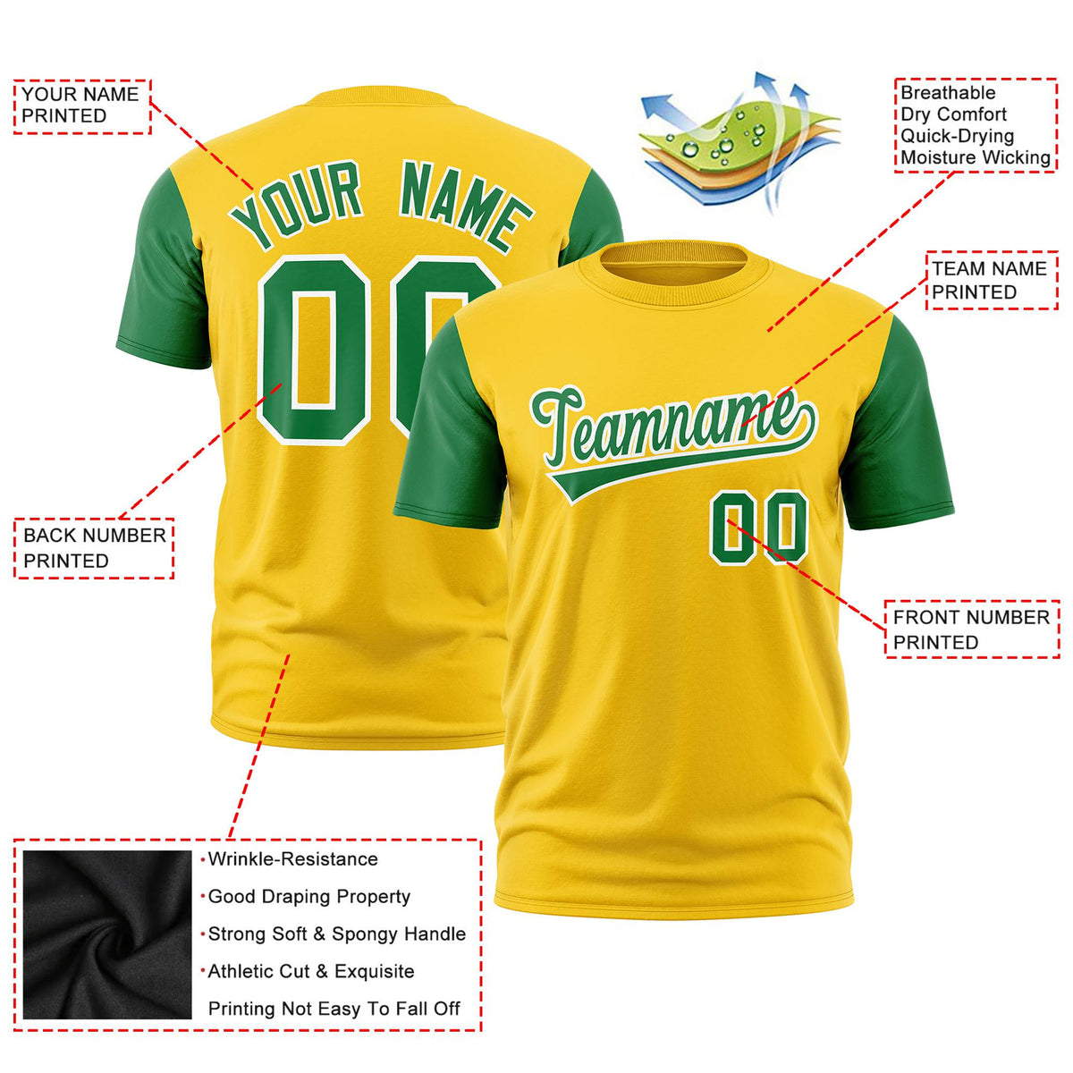Custom Yellow Kelly Green White Crew Neck Personalized Raglan Sleeve Performance T-shirt