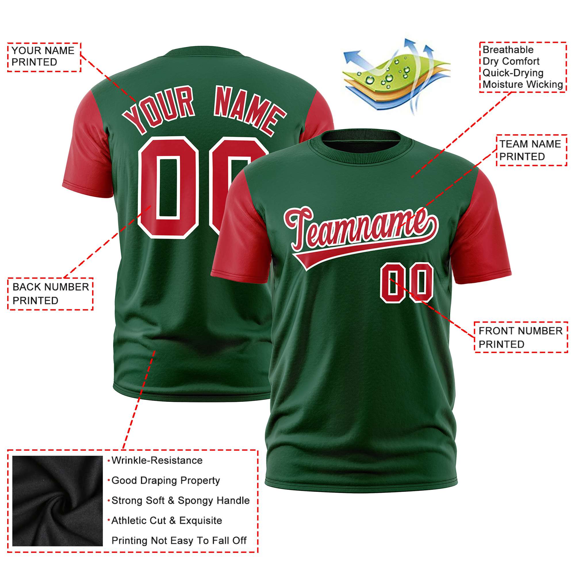 Custom Green Red White Crew Neck Personalized Raglan Sleeve Performance T-shirt