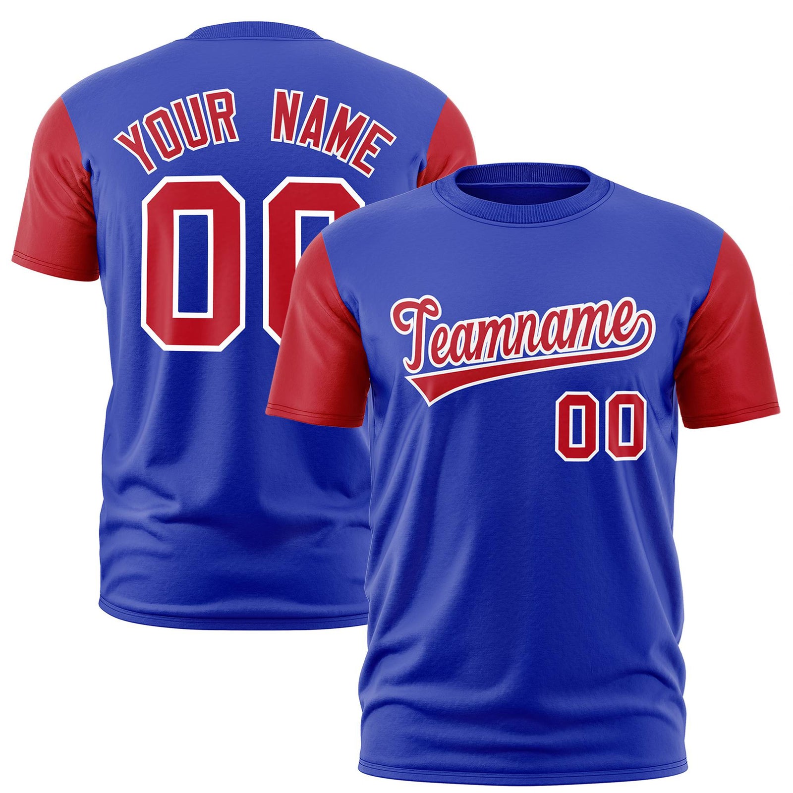Custom Royal Blue Red White Crew Neck Personalized Raglan Sleeve Performance T-shirt