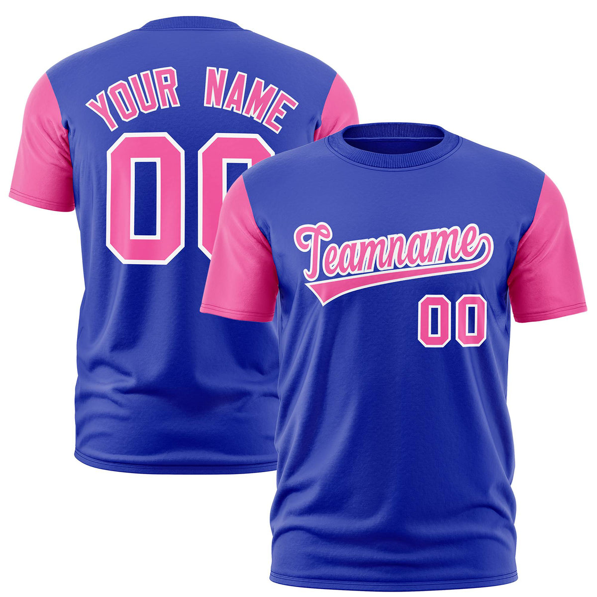Custom Royal Blue Pink White Crew Neck Personalized Raglan Sleeve Performance T-shirt