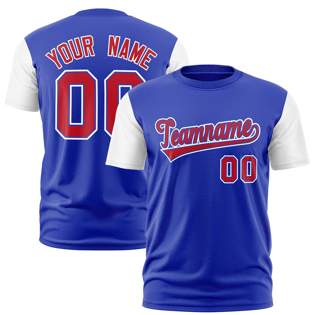Custom Royal Blue Red White Crew Neck Personalized Raglan Sleeve Performance T-shirt