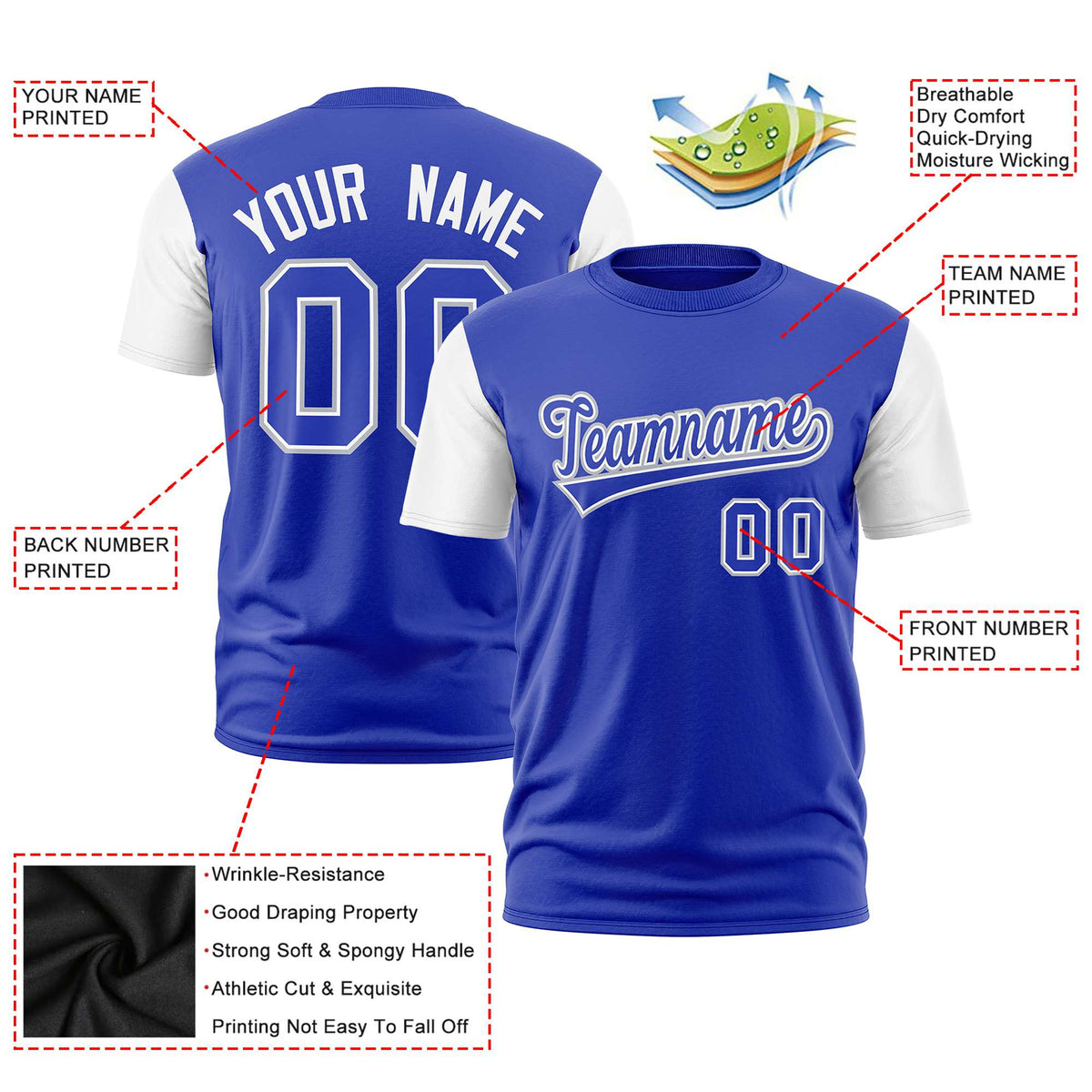Custom Royal Blue White Crew Neck Personalized Raglan Sleeve Performance T-shirt