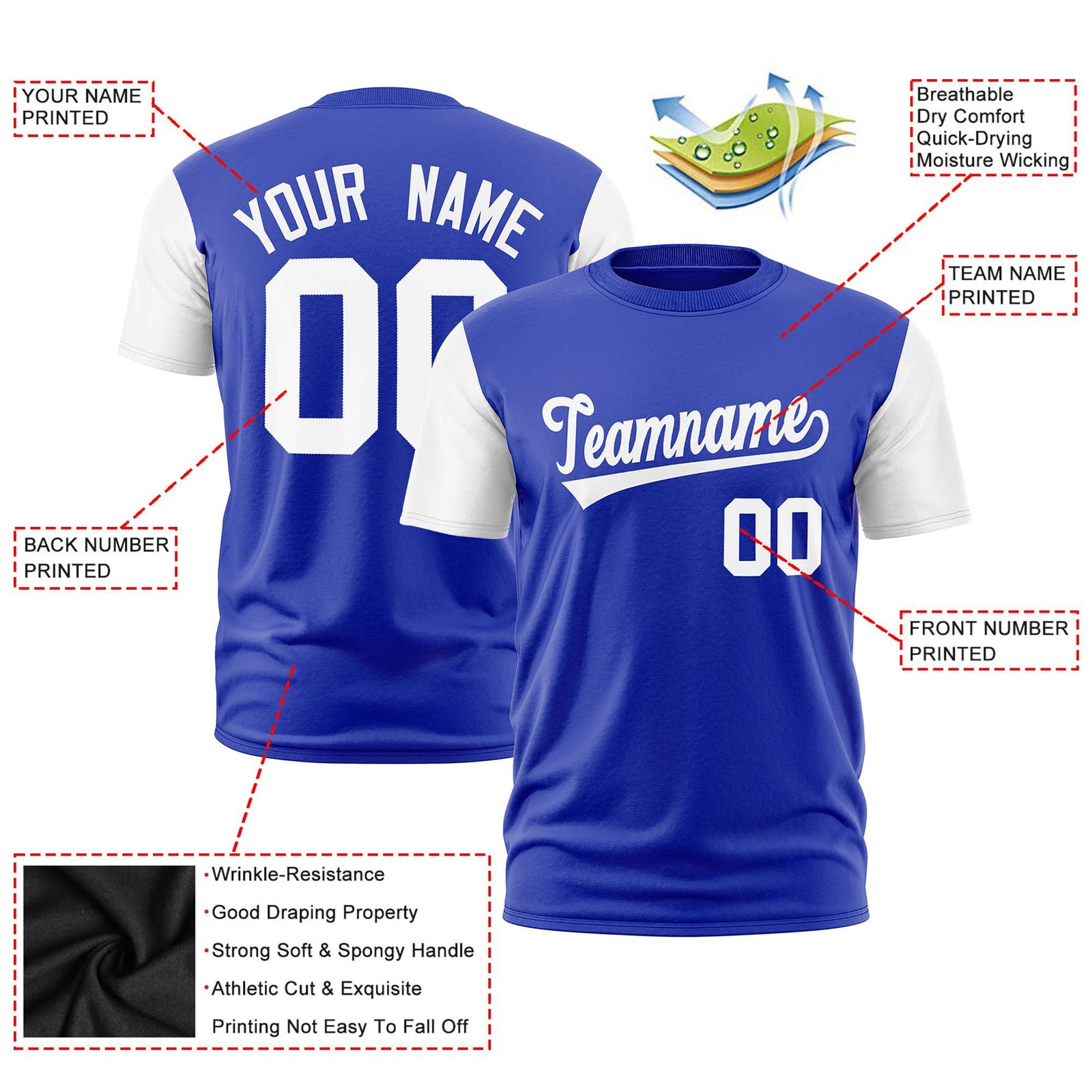 Custom Royal Blue White Crew Neck Personalized Raglan Sleeve Performance T-shirt