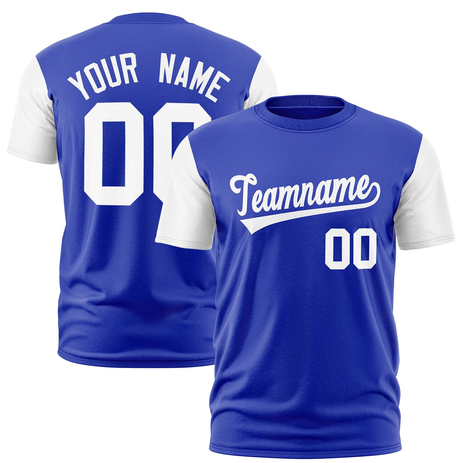 Custom Royal Blue White Crew Neck Personalized Raglan Sleeve Performance T-shirt