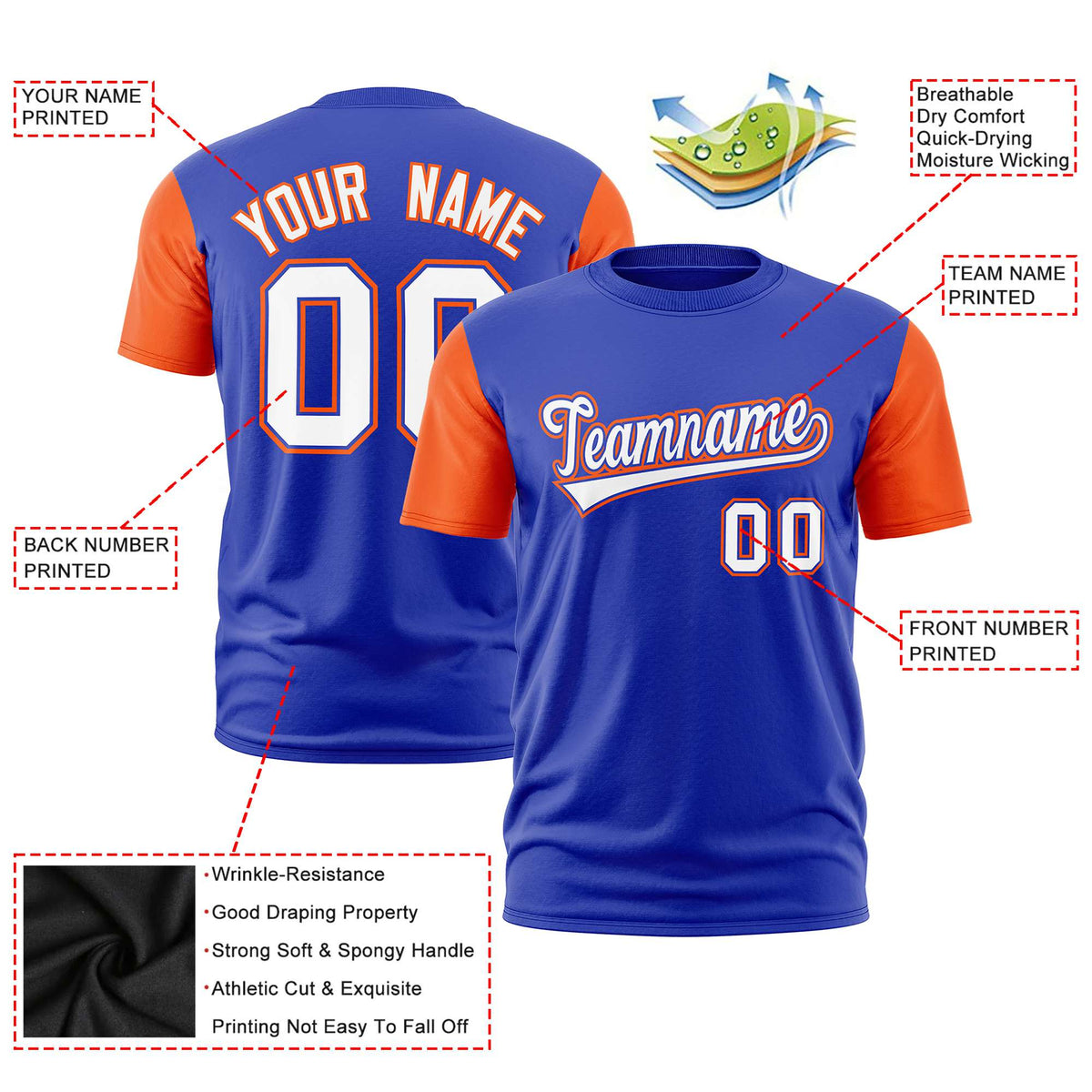 Custom Royal Blue Orange White Crew Neck Personalized Raglan Sleeve Performance T-shirt