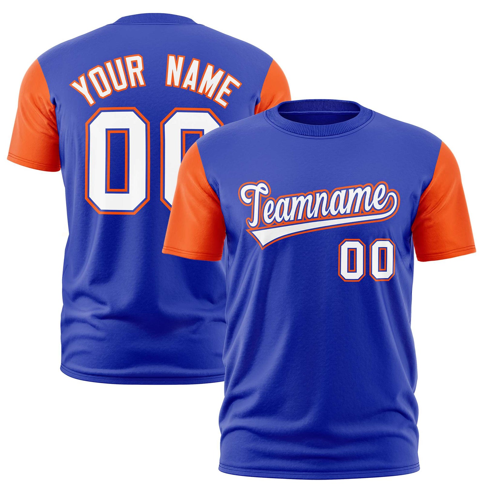 Custom Royal Blue Orange White Crew Neck Personalized Raglan Sleeve Performance T-shirt
