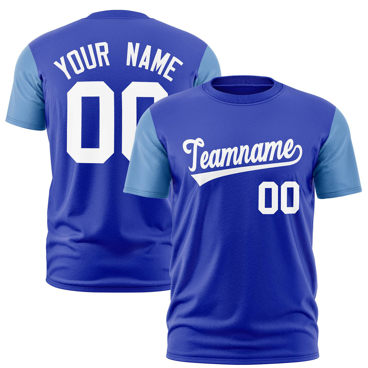 Custom Royal Blue Light Blue White Crew Neck Personalized Raglan Sleeve Performance T-shirt