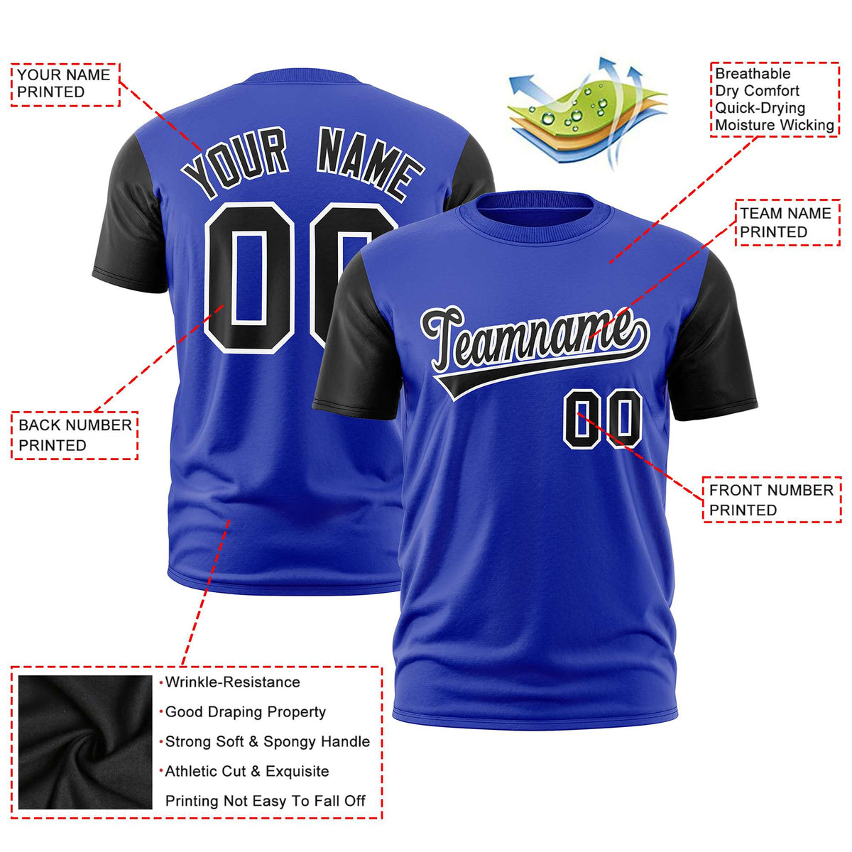 Custom Royal Blue Black White Crew Neck Personalized Raglan Sleeve Performance T-shirt