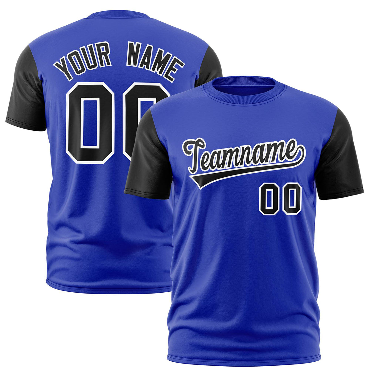 Custom Royal Blue Black White Crew Neck Personalized Raglan Sleeve Performance T-shirt