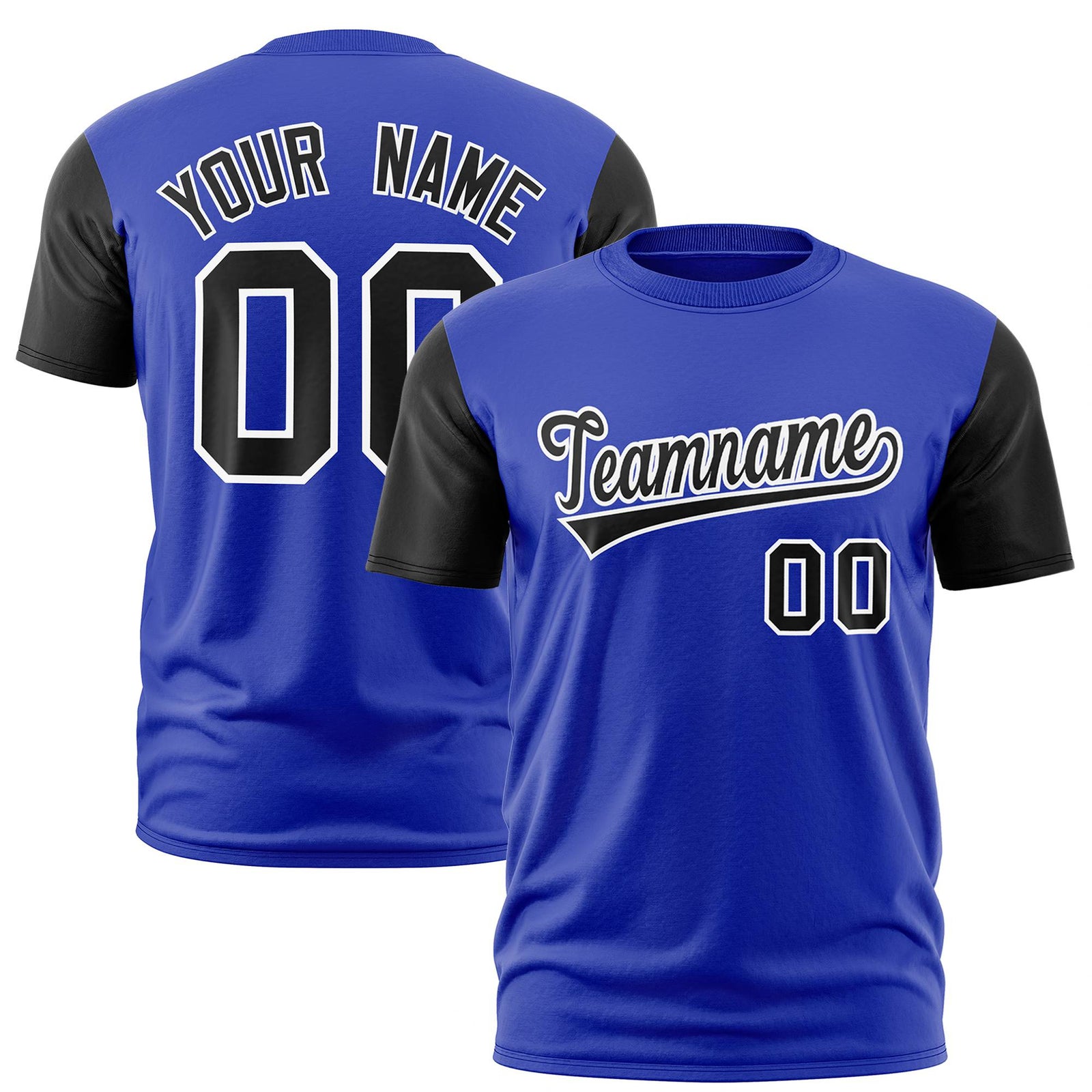 Custom Royal Blue Black White Crew Neck Personalized Raglan Sleeve Performance T-shirt