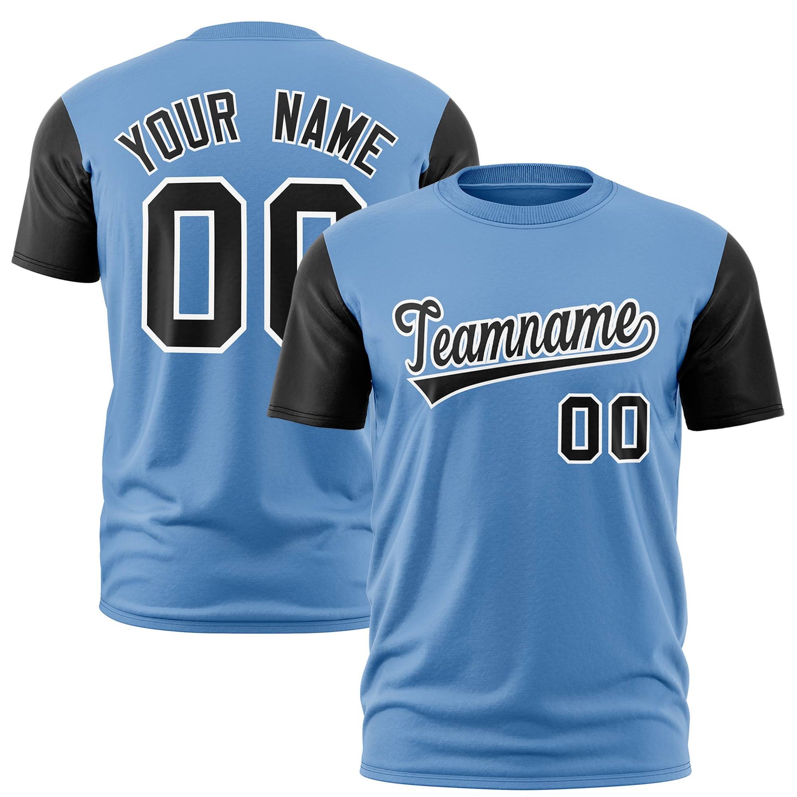 Custom Light Blue Black White Crew Neck Personalized Raglan Sleeve Performance T-shirt